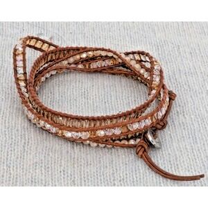 VICTORIA EMERSON Amber Beads Rust Leather Cord Bracelet 32"-34" Great Condition